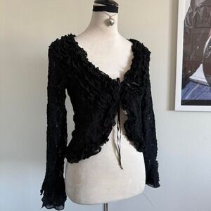 Y2k vintage Black lace long sleeve top with bell sleeves, ruffles and tie front